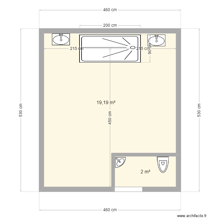 1 SDB. Plan de 2 pièces et 21 m2