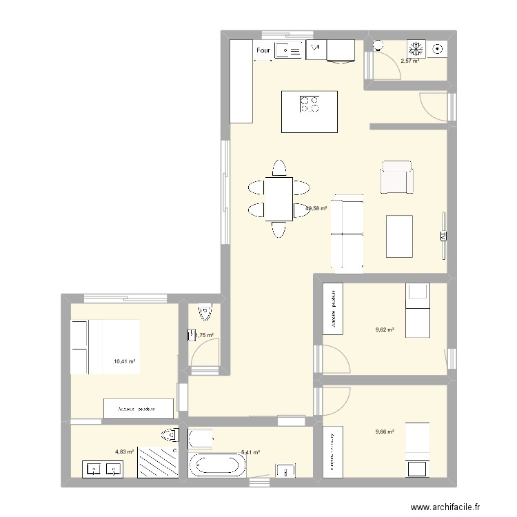 Maison L 100m2. Plan de 8 pièces et 94 m2