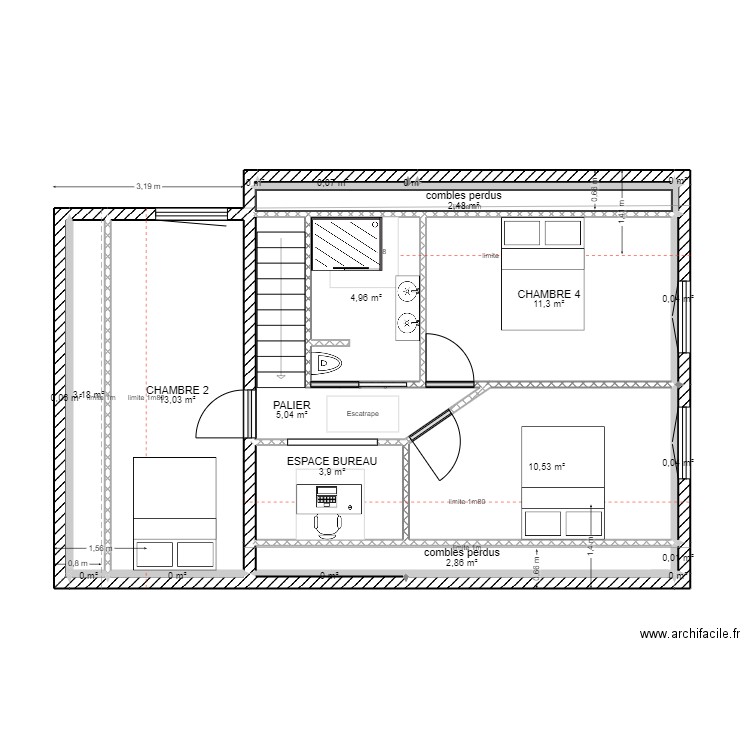 PROJET KOHLER ETAGE. Plan de 21 pièces et 57 m2