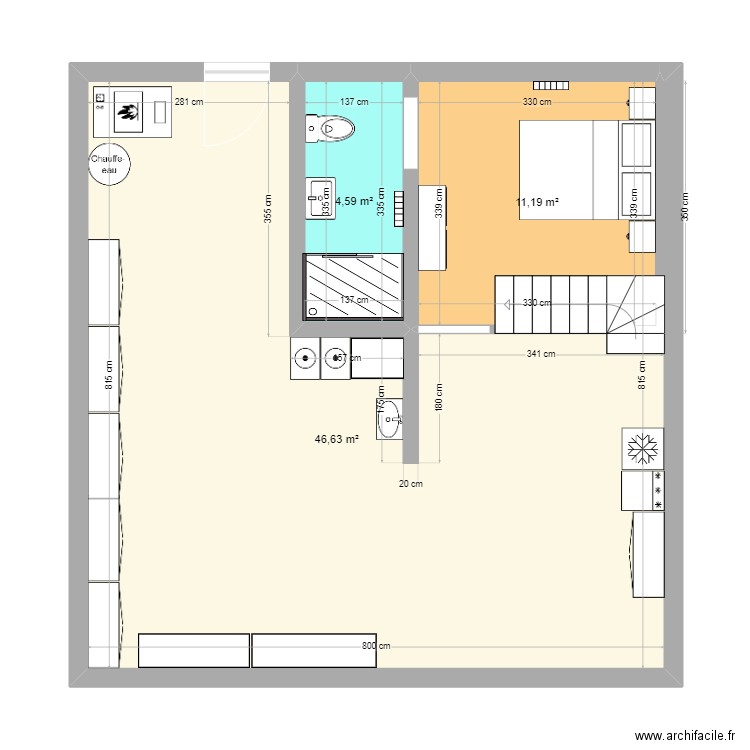 Cave Mum bis. Plan de 3 pièces et 62 m2