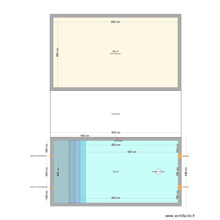 Vue du dessus piscine + POOL HOUSE. Plan de 2 pièces et 68 m2