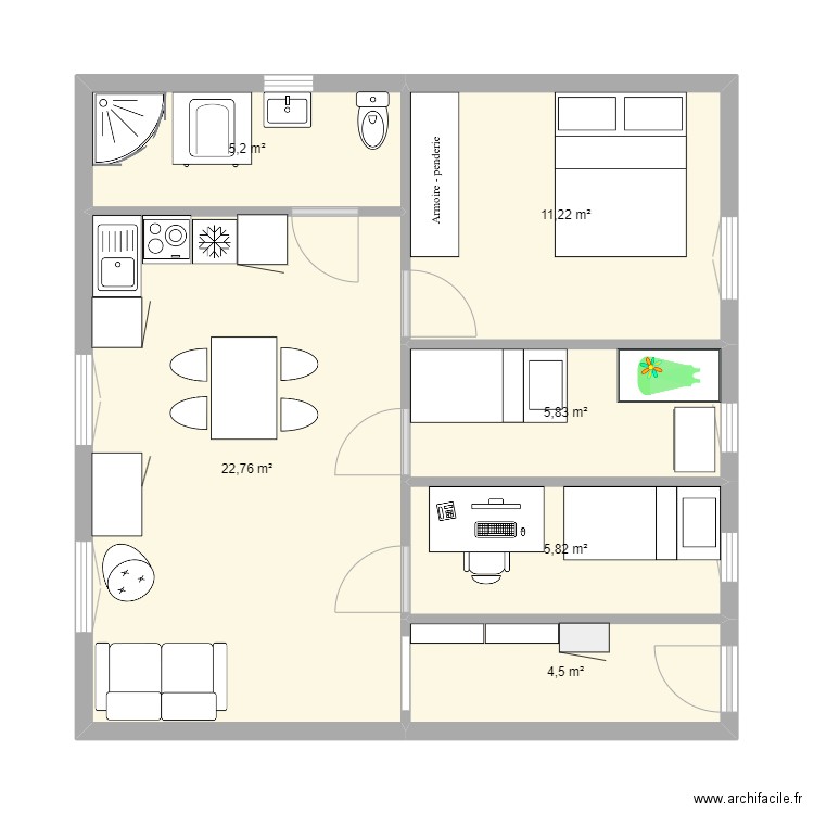 cabane 8x8. Plan de 6 pièces et 55 m2