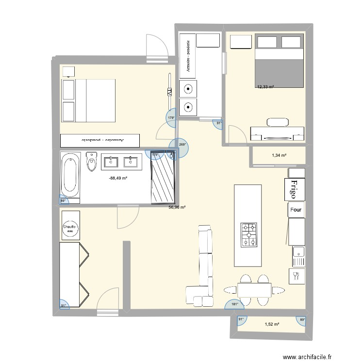 Donia logement. Plan de 5 pièces et 80 m2