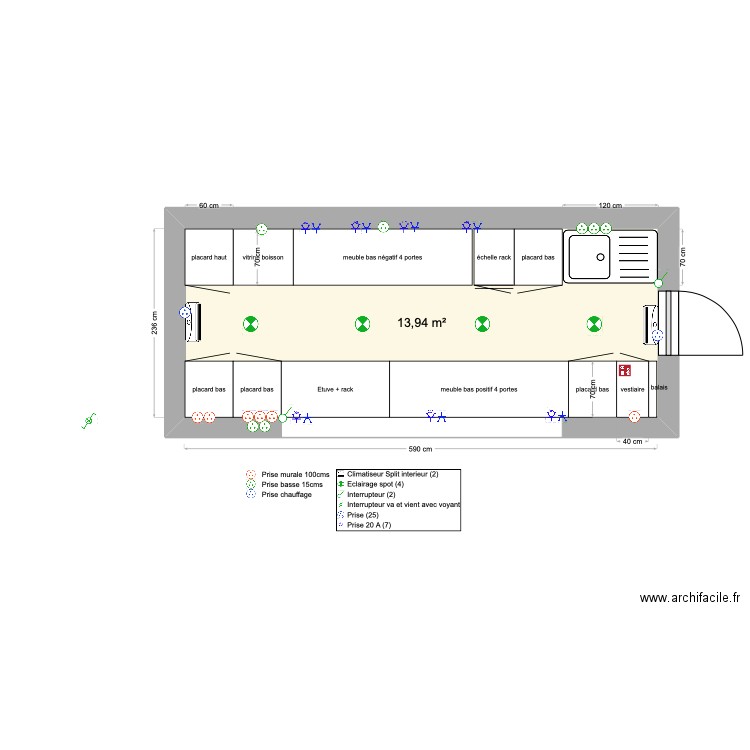 plan container. Plan de 1 pièce et 14 m2