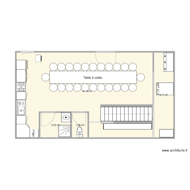 cuisine bas. Plan de 4 pièces et 53 m2