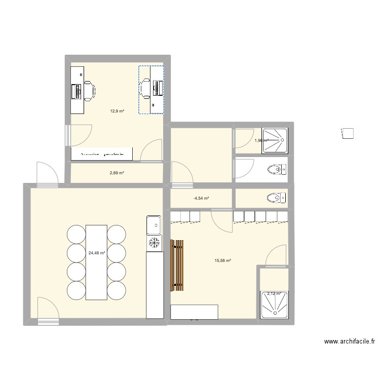 pièces de vie + bureau v2. Plan de 7 pièces et 62 m2