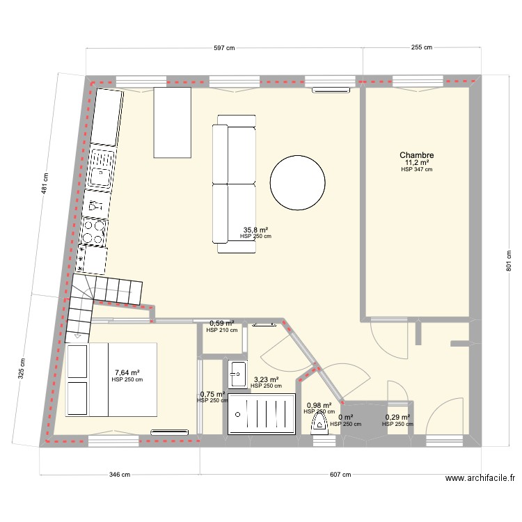 POUTEAU. Plan de 9 pièces et 60 m2