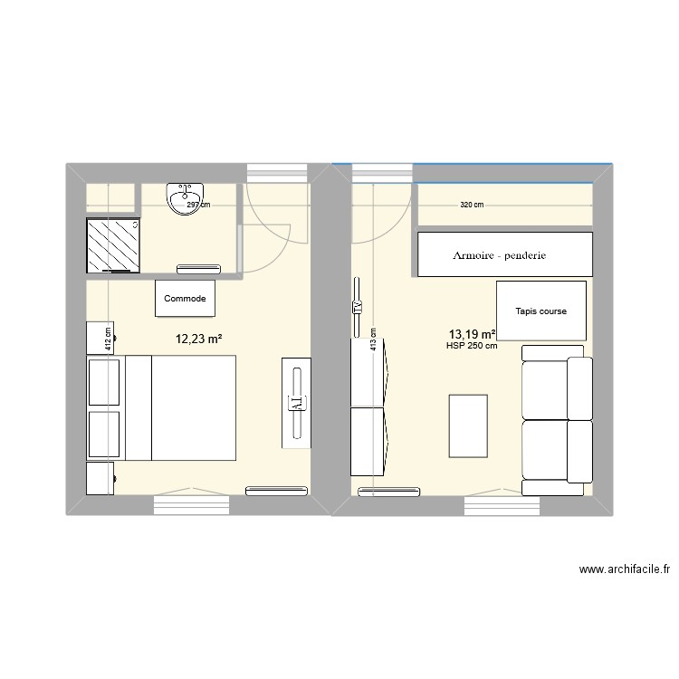 chambre d'amis. Plan de 2 pièces et 25 m2