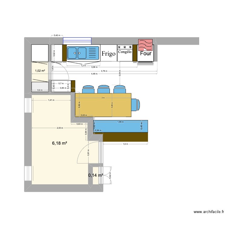 Cuisine D.C. Plan de 3 pièces et 7 m2