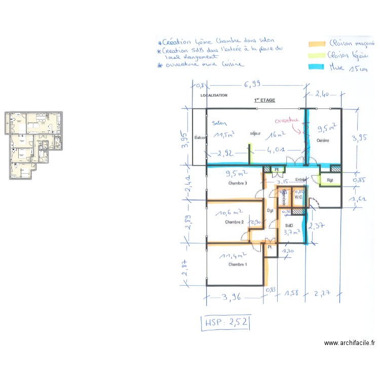 appart devil . Plan de 16 pièces et 95 m2