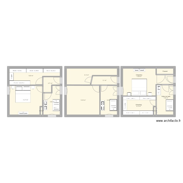 Chambre parentale Pierre et Elisa. Plan de 14 pièces et 95 m2