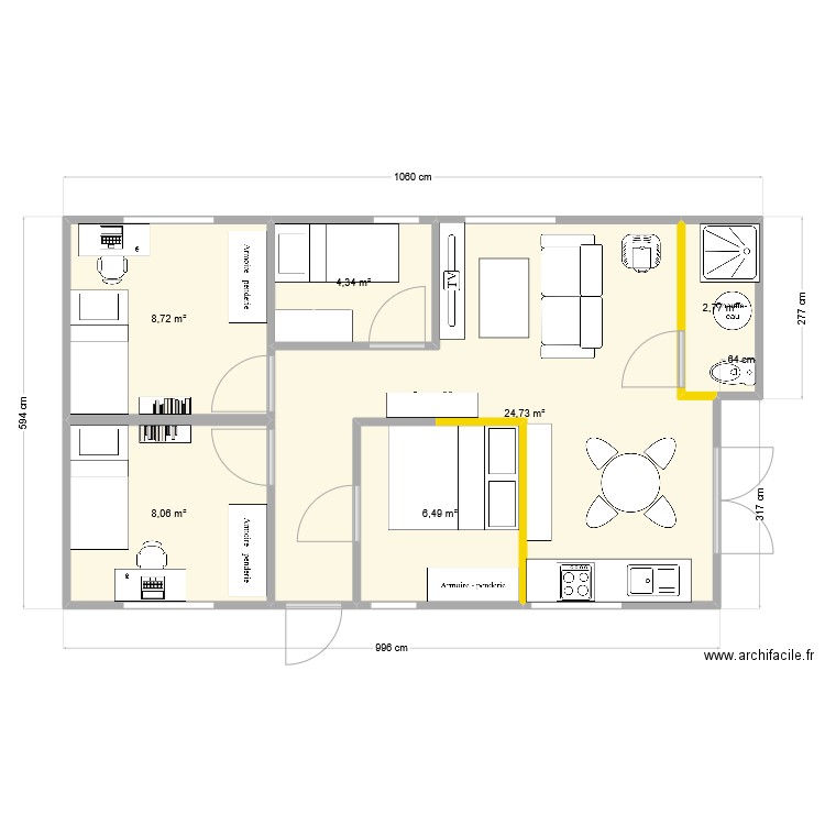 chalet modifié. Plan de 6 pièces et 55 m2