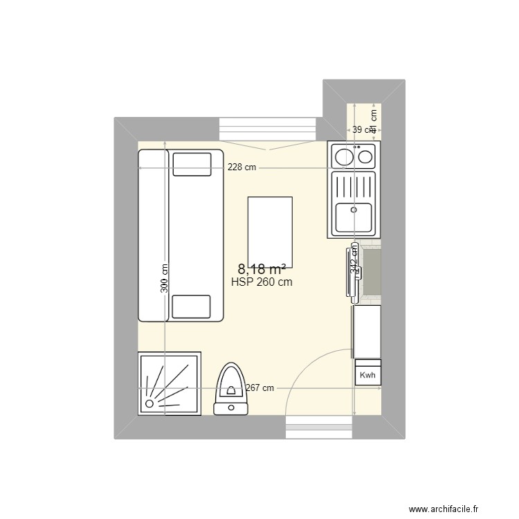 projet de studette parisienne. Plan de 1 pièce et 8 m2