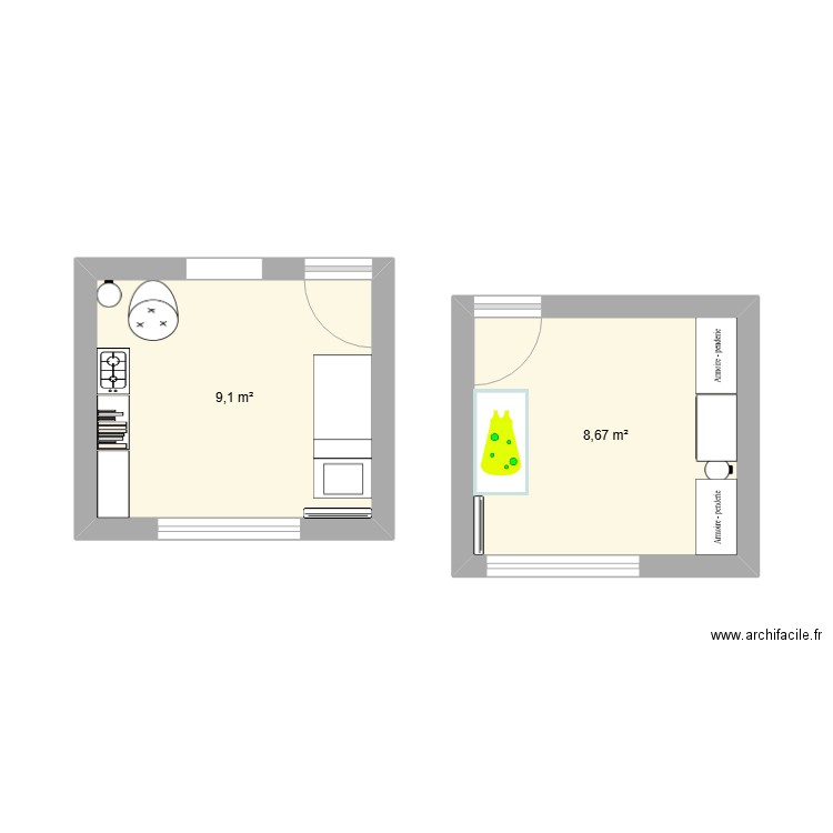 Chambres enfants. Plan de 2 pièces et 18 m2