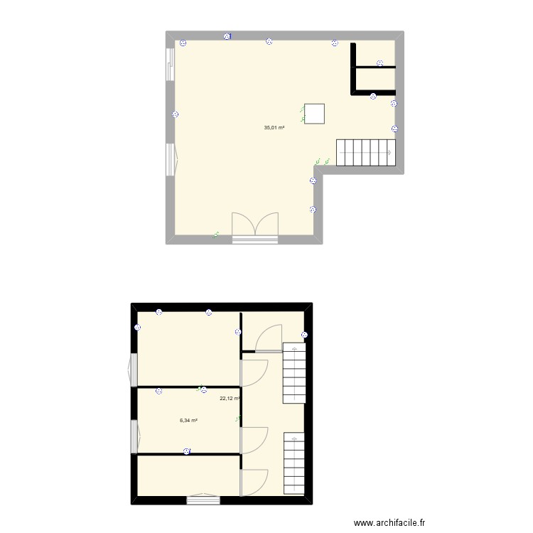 rez de chausse et 1 etage. Plan de 3 pièces et 63 m2