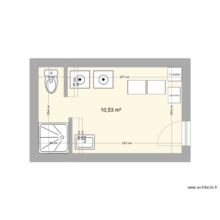 Salle de bain sous sol. Plan de 1 pièce et 11 m2