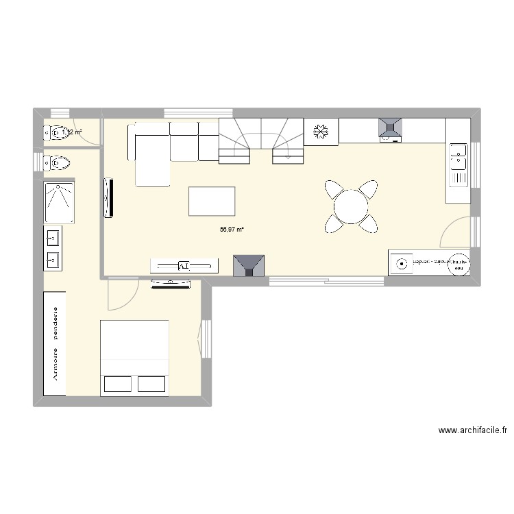 fenetre sud. Plan de 2 pièces et 58 m2