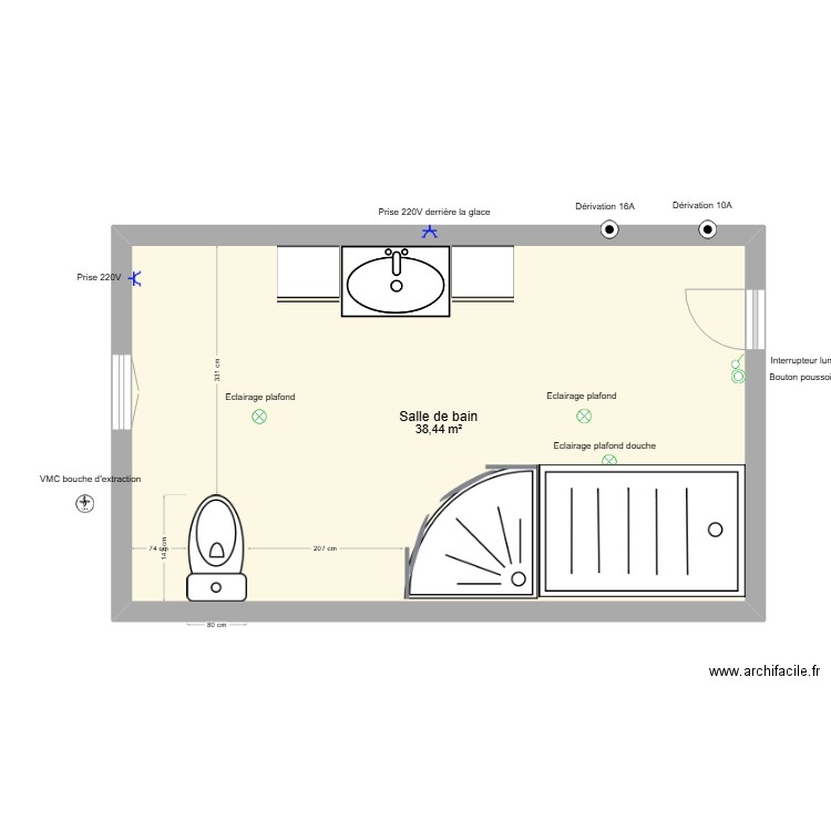 SDB parents. Plan de 1 pièce et 38 m2