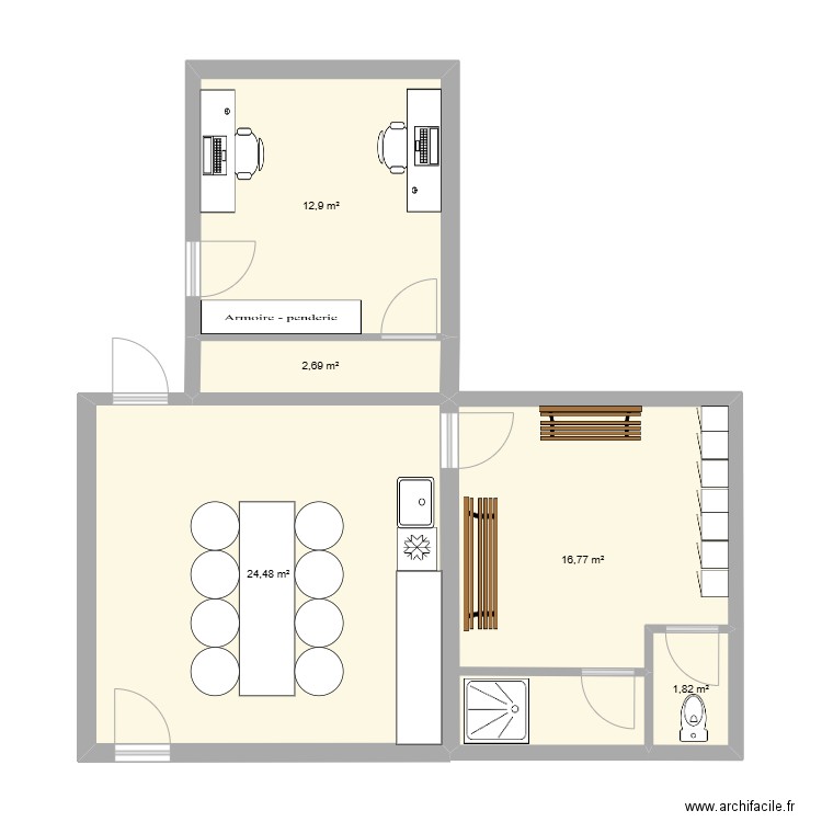 pièces de vie + bureau. Plan de 1 pièce et 50 m2