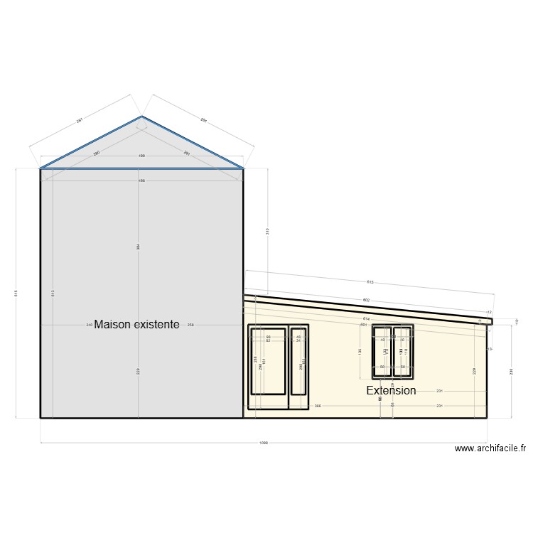 coupe vue Ouest. Plan de 11 pièces et 56 m2