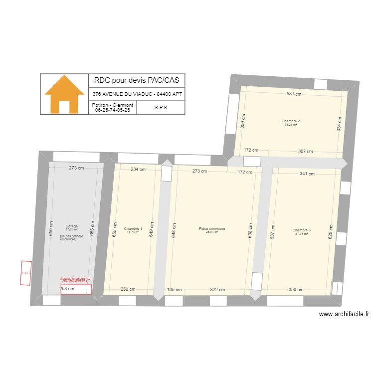 RDC pour devis chauffage au sol. Plan de 5 pièces et 101 m2