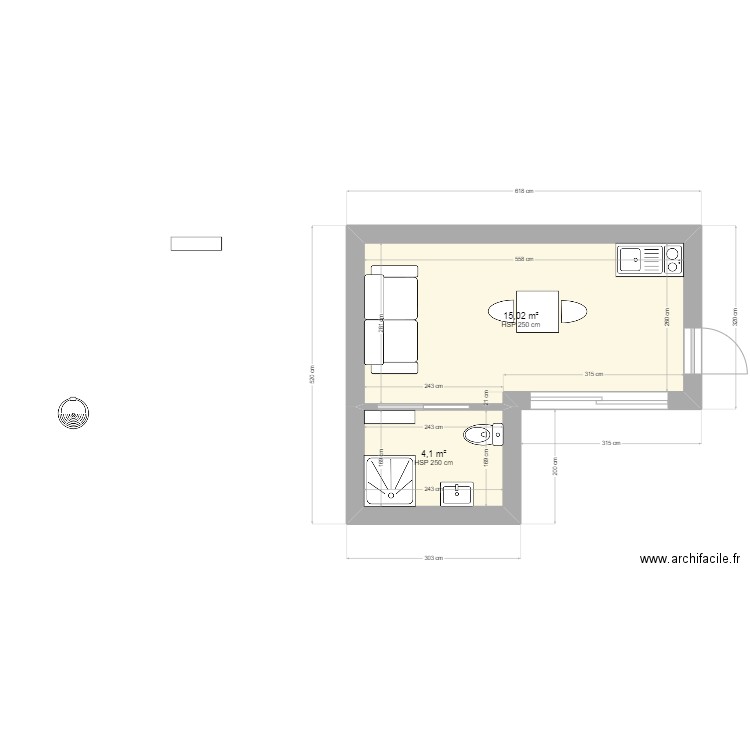 studio en L. Plan de 2 pièces et 19 m2