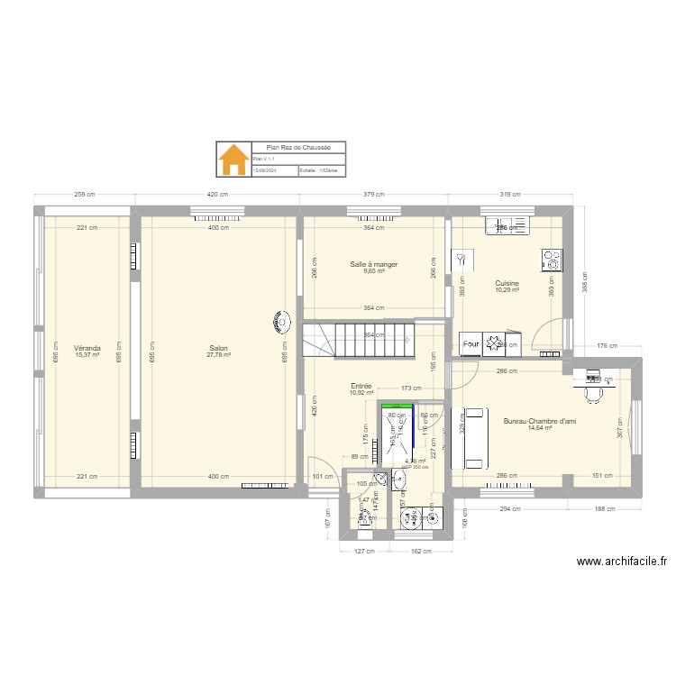 P1-RdC-v1.1. Plan de 8 pièces et 95 m2