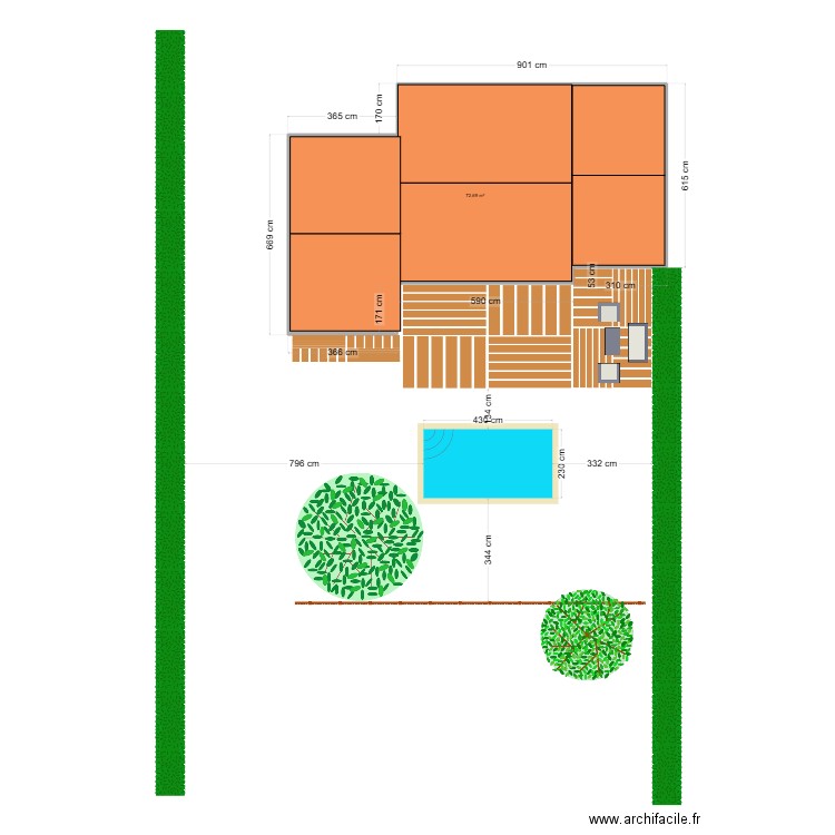 maison et piscine. Plan de 1 pièce et 73 m2