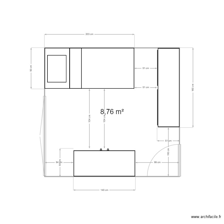 jade. Plan de 1 pièce et 9 m2