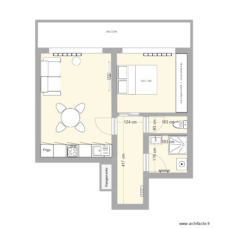 T2 Belarbi - Optimisation chambre. Plan de 6 pièces et 36 m2