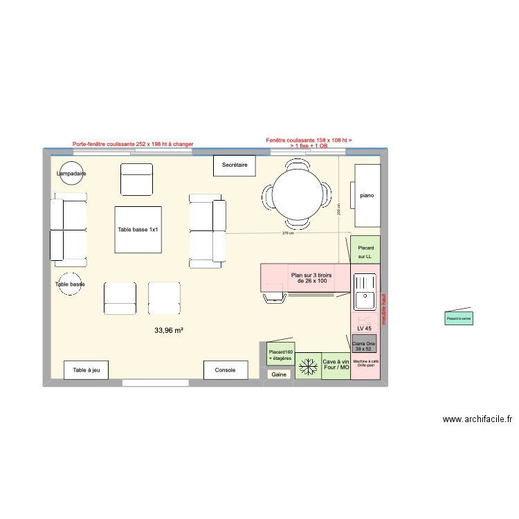 Cuisine U vers salon. Plan de 2 pièces et 34 m2