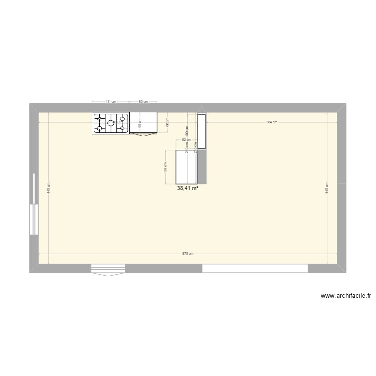 Aménagement cuisine. Plan de 1 pièce et 38 m2