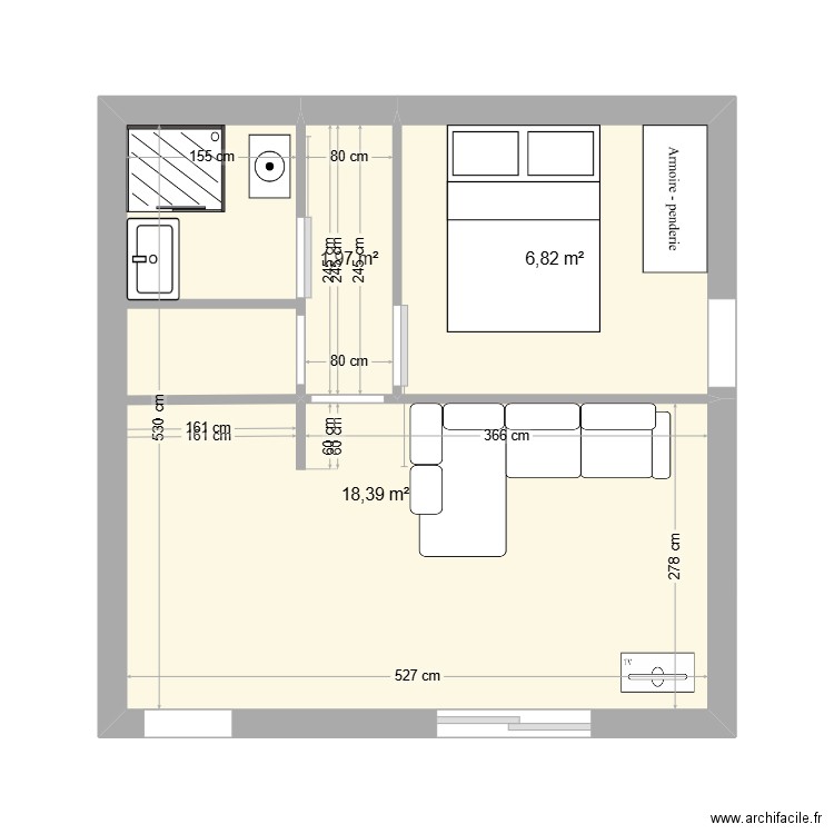 galere 3. Plan de 3 pièces et 27 m2