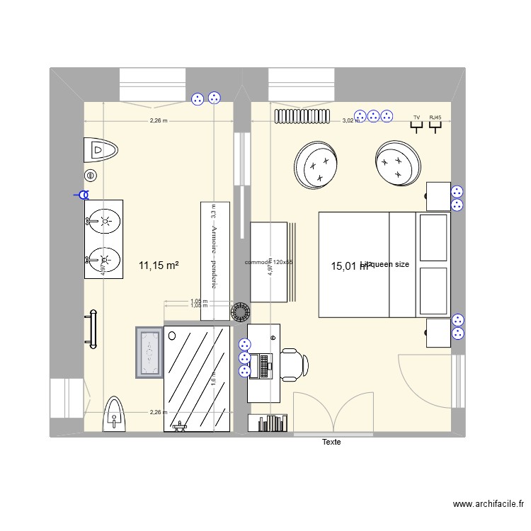 Chambre d'ami 1er étage. Plan de 2 pièces et 26 m2