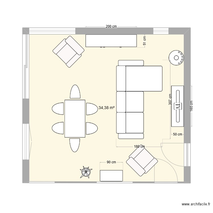 Extension 1 meublé. Plan de 1 pièce et 34 m2