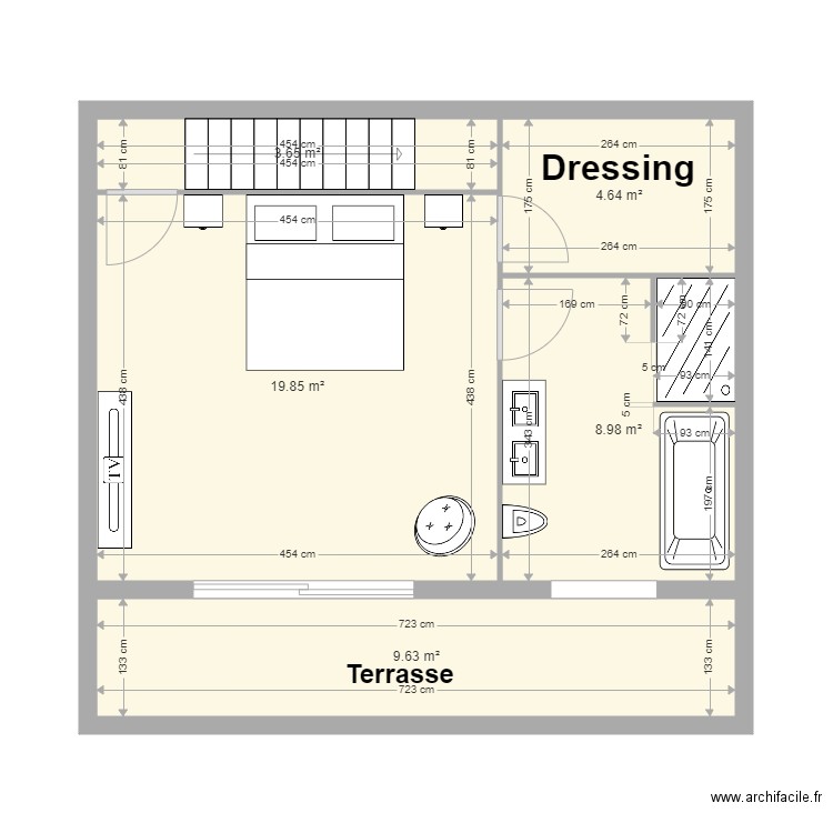 suite parentale. Plan de 5 pièces et 47 m2