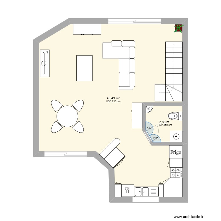 Salon Séjour Lucie Kévin. Plan de 2 pièces et 46 m2