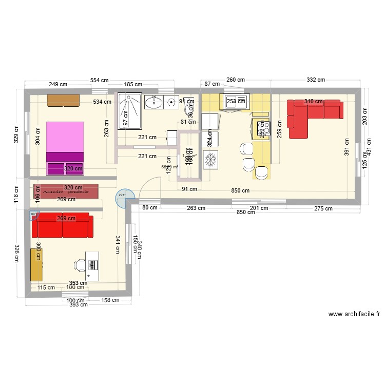 plan L2. Plan de 2 pièces et 57 m2