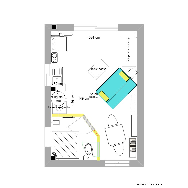 Le garage en studio. Plan de 1 pièce et 19 m2