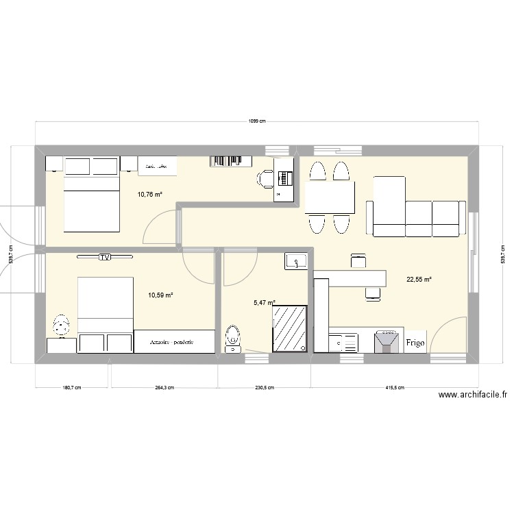 Maison 55m. Plan de 4 pièces et 49 m2