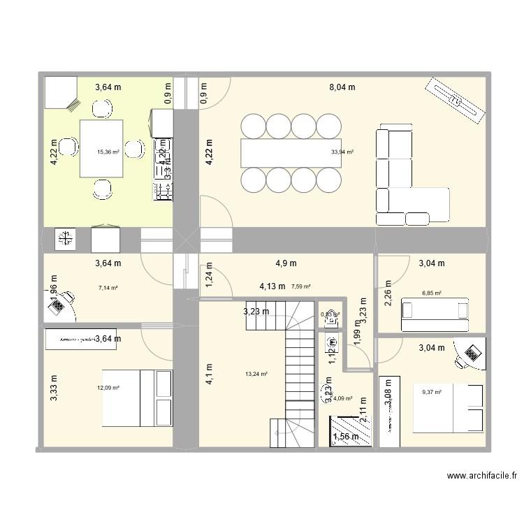 2eme étage. Plan de 10 pièces et 110 m2