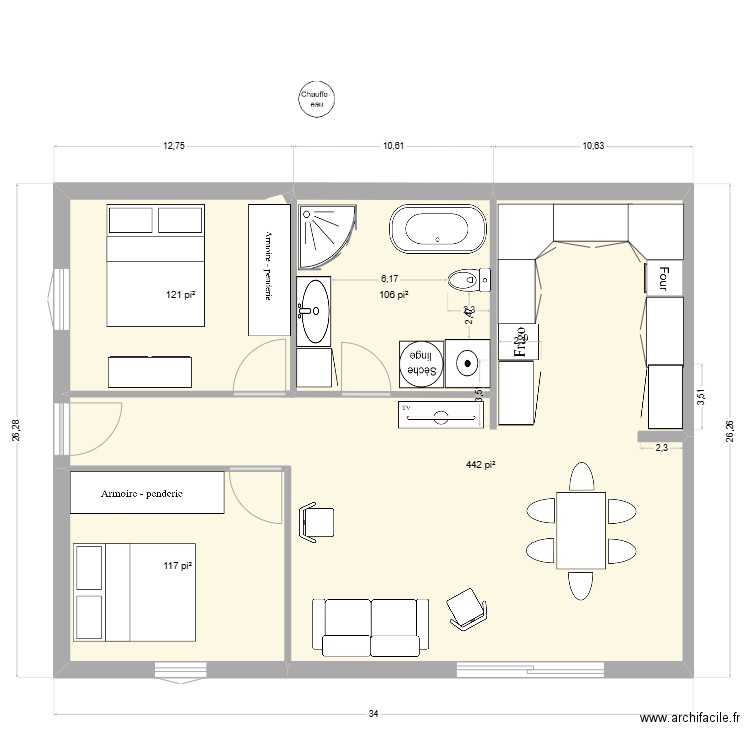 salon ss2. Plan de 4 pièces et 73 m2