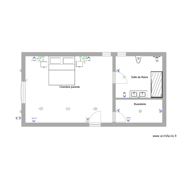 1ER ETAGE ELECTRICITE CHAMBRE PARENTS. Plan de 3 pièces et 42 m2