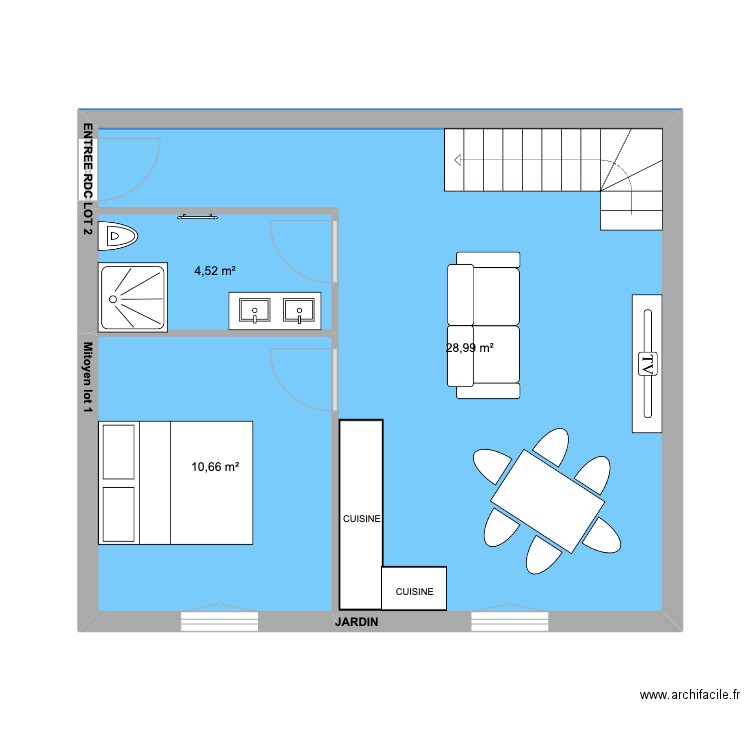 RDC LOT 2. Plan de 3 pièces et 44 m2