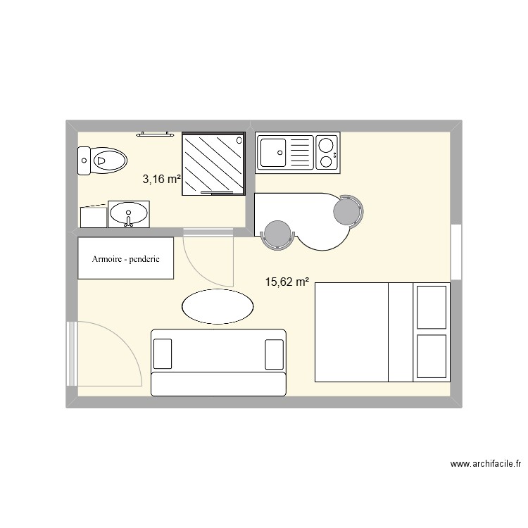 3e Plan. Plan de 2 pièces et 19 m2