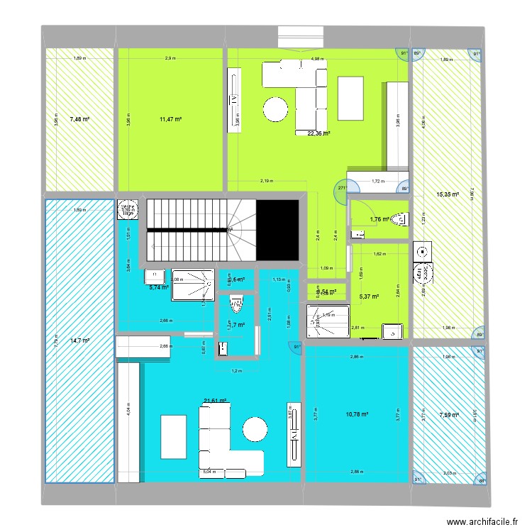 GRENIER. Plan de 15 pièces et 133 m2