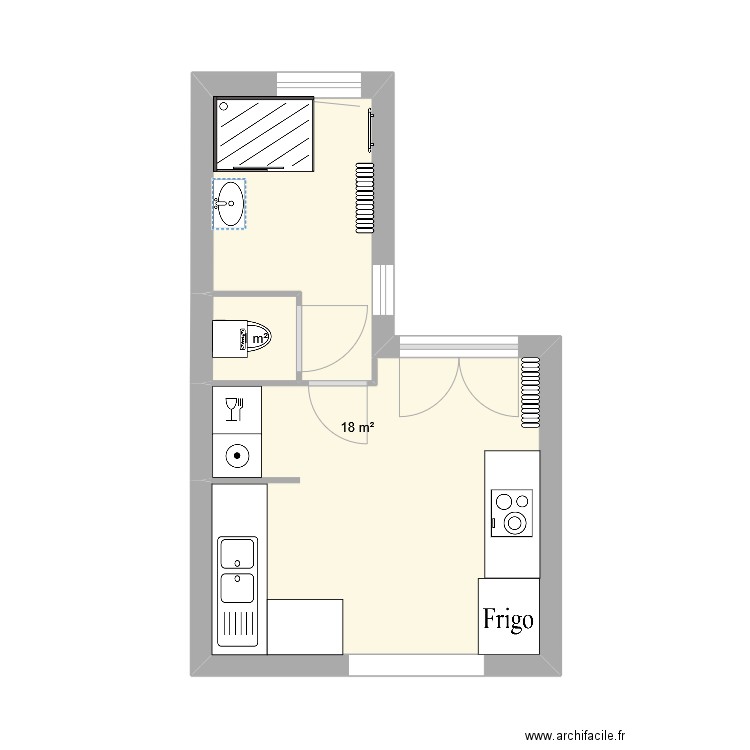 SDB +cuisine après 2. Plan de 2 pièces et 19 m2