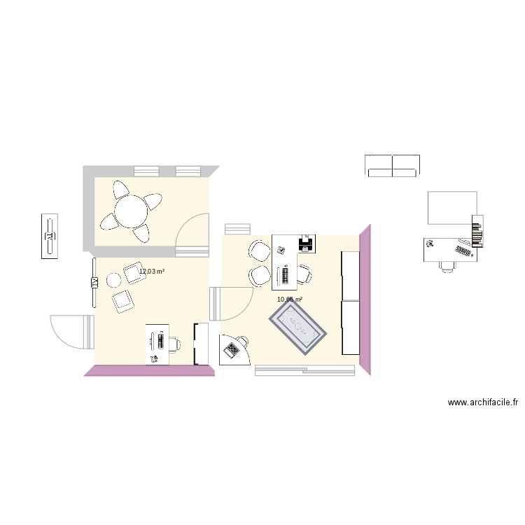 bur. Plan de 2 pièces et 23 m2