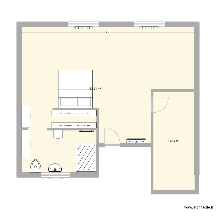 chambre paentale. Plan de 2 pièces et 65 m2