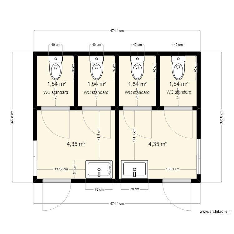 CABINE SANITAIRE. Plan de 6 pièces et 15 m2